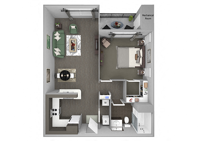 Floor plan for 1 bed, 1 bath, 873 sqft